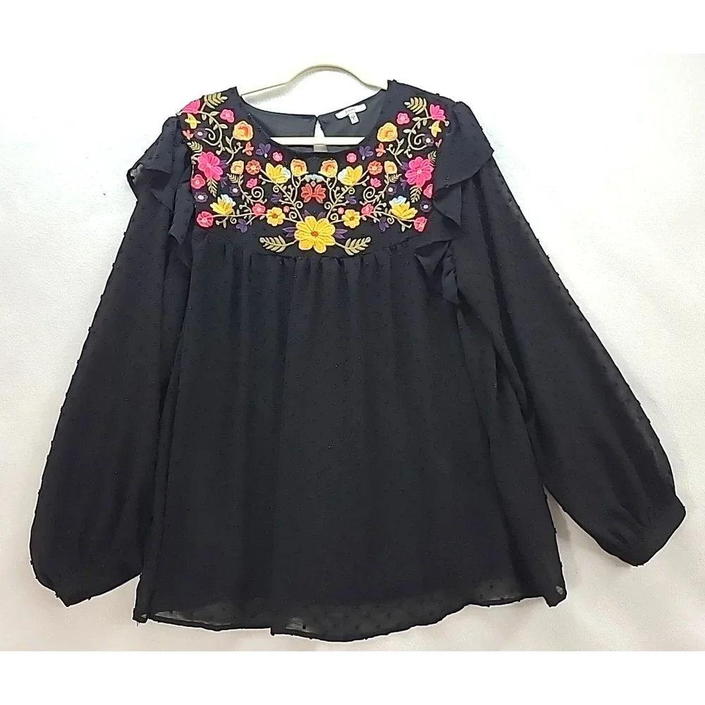 Womens 2X Peasant Blouse Embroidered Yoke Top Chenille Dots Lined Boho Hippie - Picture 1 of 10